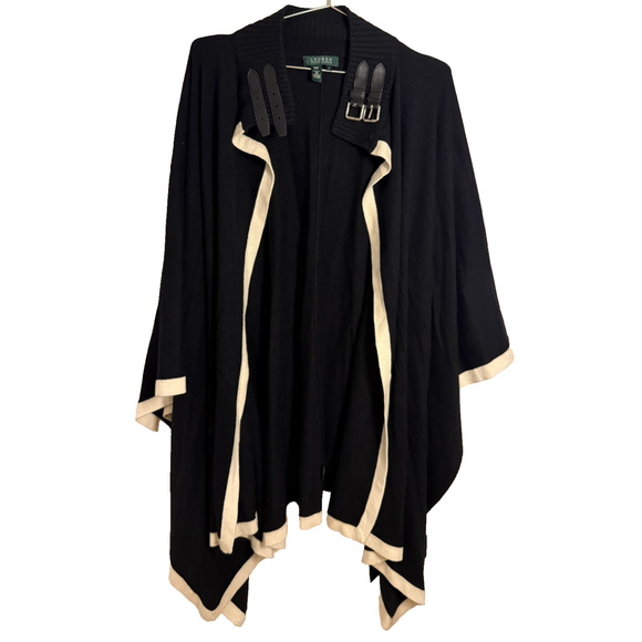 Lauren Ralph Lauren Silk Cashmere Poncho Black Cream Buckle Plus Size 1X Equest. - Picture 2 of 6